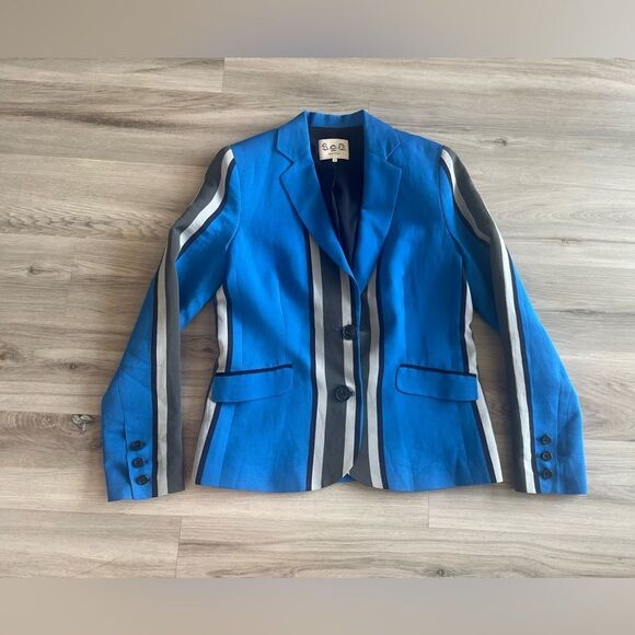 Sea New York Jackets & Blazers - Sea New York 6 Electric Blue Gray Striped Silk Button Up Blazer
